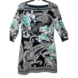 White House Black Market Floral Paisley Green White Blue Dress Size Medium Mini